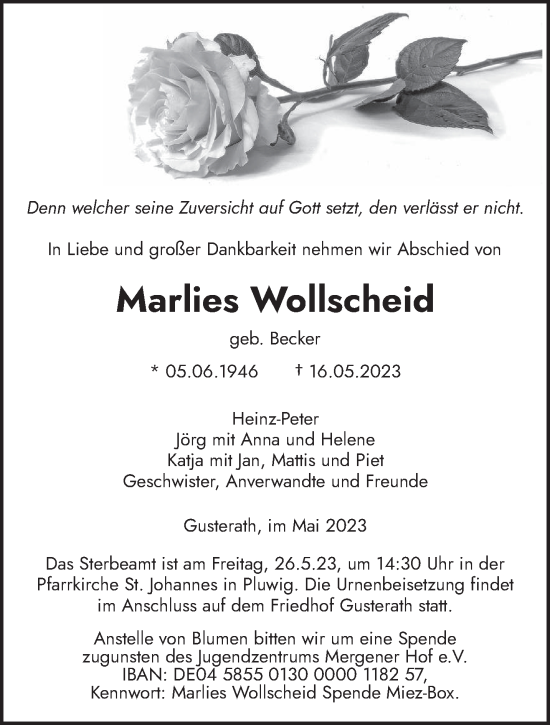 Traueranzeige von Marlies Wollscheid von trierischer_volksfreund
