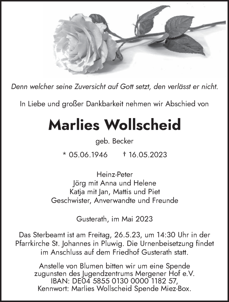  Traueranzeige für Marlies Wollscheid vom 23.05.2023 aus trierischer_volksfreund