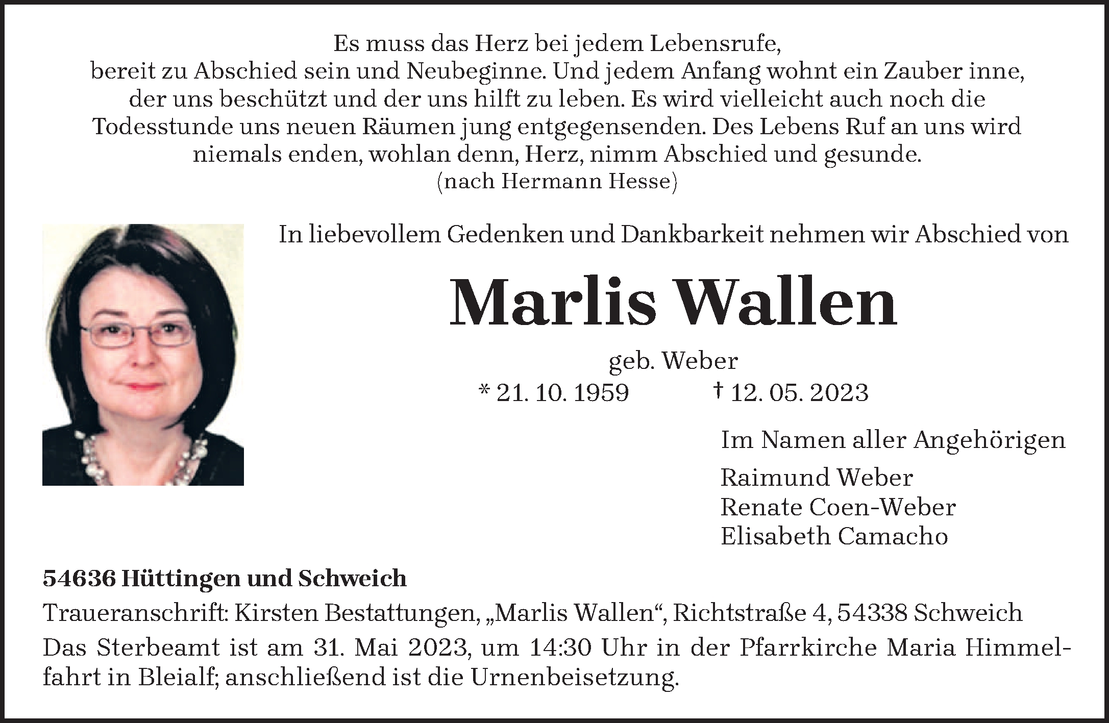  Traueranzeige für Marlis Wallen vom 27.05.2023 aus trierischer_volksfreund