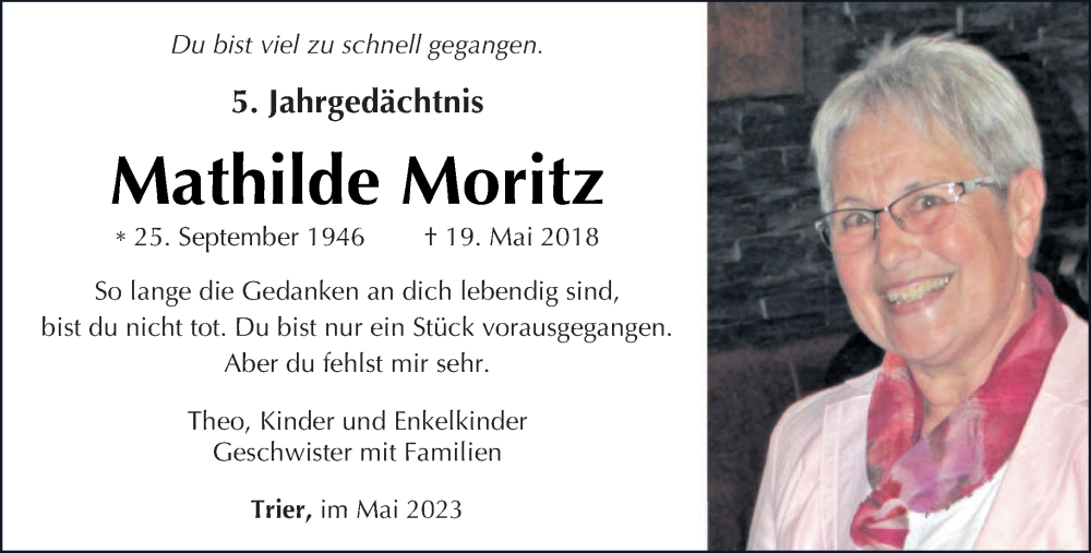 Traueranzeige für Mathilde Moritz vom 20.05.2023 aus trierischer_volksfreund