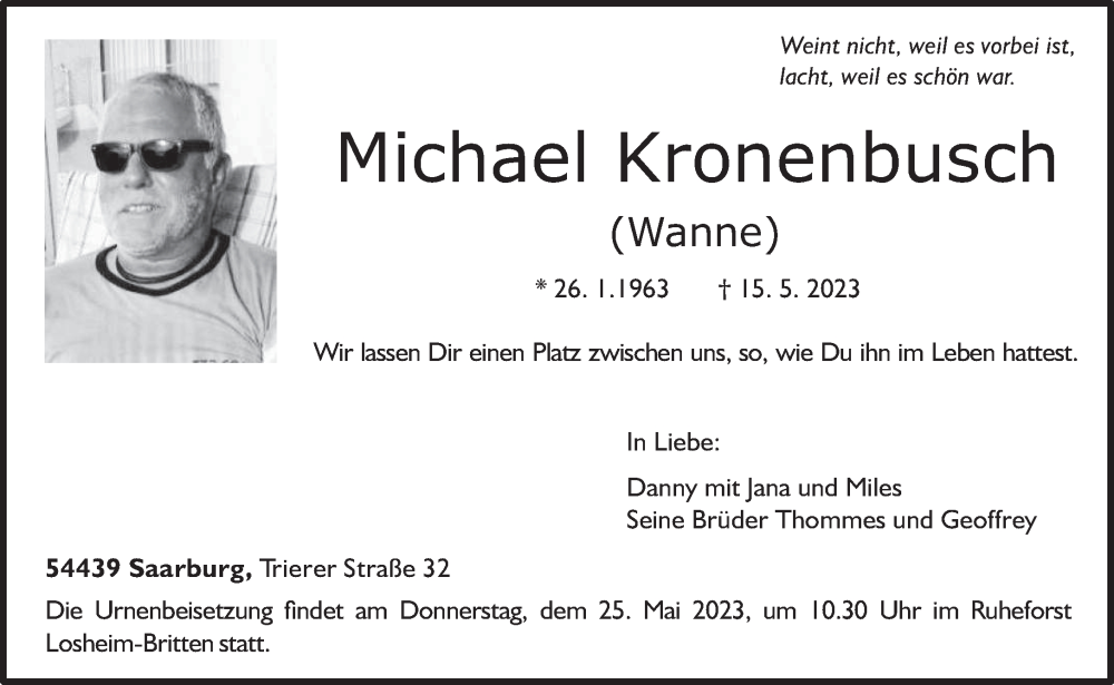  Traueranzeige für Michael Kronenbusch vom 20.05.2023 aus trierischer_volksfreund