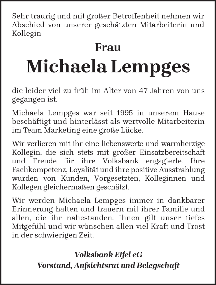  Traueranzeige für Michaela Lempges vom 06.05.2023 aus trierischer_volksfreund