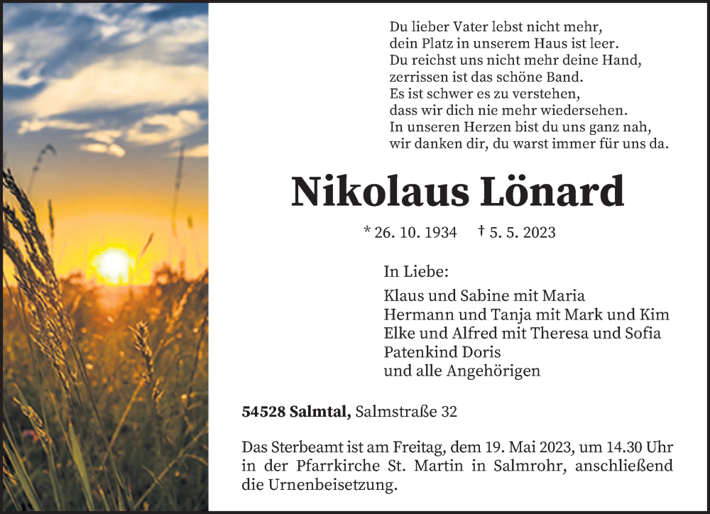  Traueranzeige für Nikolaus Lönard vom 13.05.2023 aus trierischer_volksfreund