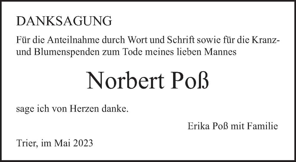  Traueranzeige für Norbert Poß vom 13.05.2023 aus trierischer_volksfreund