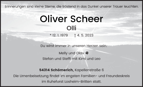 Traueranzeige von Oliver Scheer von trierischer_volksfreund