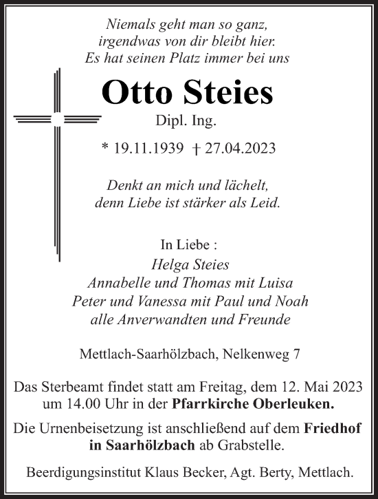 Traueranzeige von Otto Steies von trierischer_volksfreund