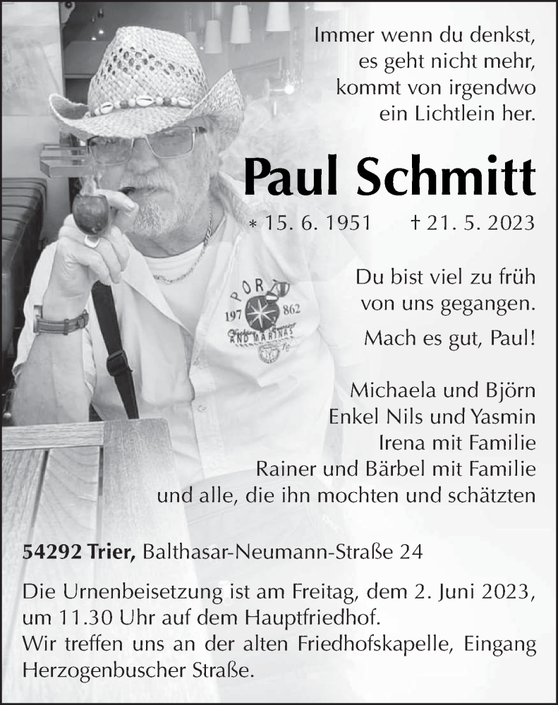  Traueranzeige für Paul Schmitt vom 27.05.2023 aus trierischer_volksfreund