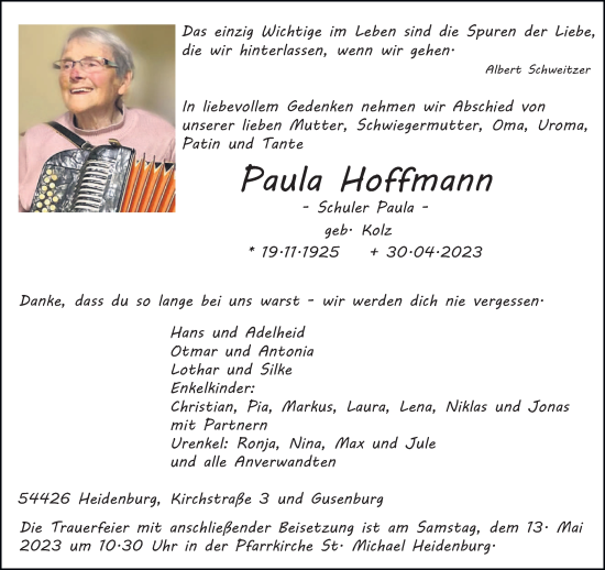 Traueranzeige von Paula Hoffmann von trierischer_volksfreund