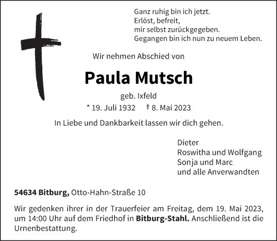 Traueranzeige von Paula Mutsch von trierischer_volksfreund