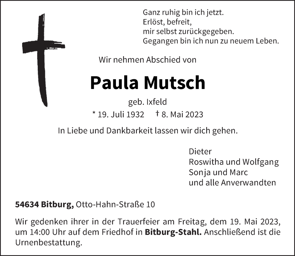  Traueranzeige für Paula Mutsch vom 13.05.2023 aus trierischer_volksfreund
