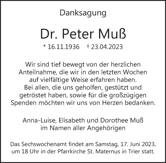 Traueranzeige von Peter Muß von trierischer_volksfreund