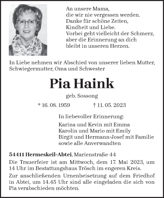 Traueranzeige von Pia Haink von trierischer_volksfreund