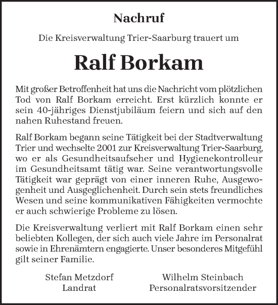 Traueranzeige von Ralf Borkam von trierischer_volksfreund