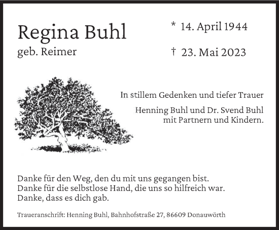 Traueranzeige von Regina Buhl von trierischer_volksfreund