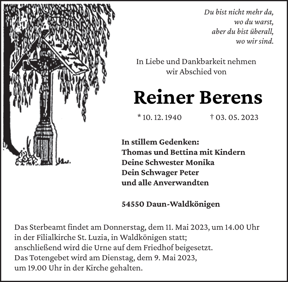  Traueranzeige für Reiner Berens vom 06.05.2023 aus trierischer_volksfreund