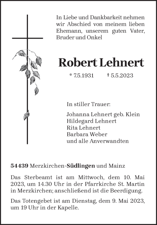 Traueranzeige von Robert Lehnert von trierischer_volksfreund