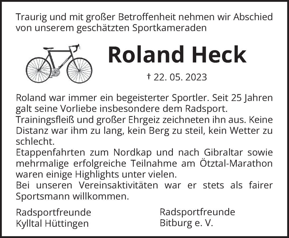  Traueranzeige für Roland  Heck vom 27.05.2023 aus trierischer_volksfreund