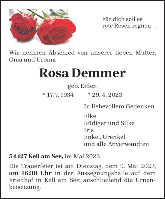 Traueranzeige von Rosa Demmer von trierischer_volksfreund
