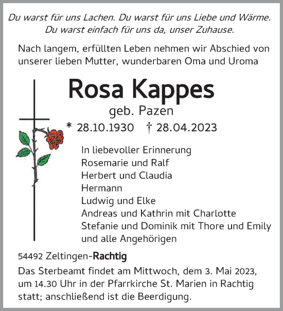 Traueranzeige von Rosa Kappes von trierischer_volksfreund