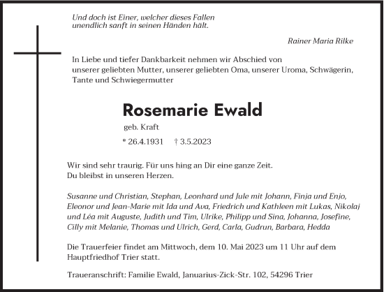 Traueranzeige von Rosemarie Ewald von trierischer_volksfreund