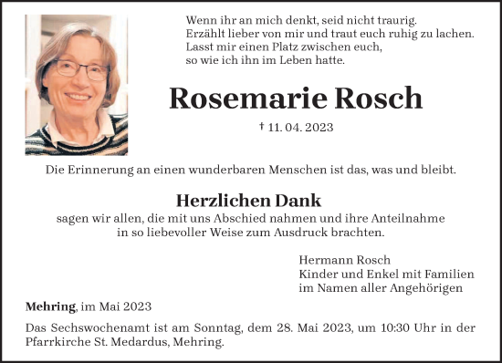 Traueranzeige von Rosemarie Rosch von trierischer_volksfreund