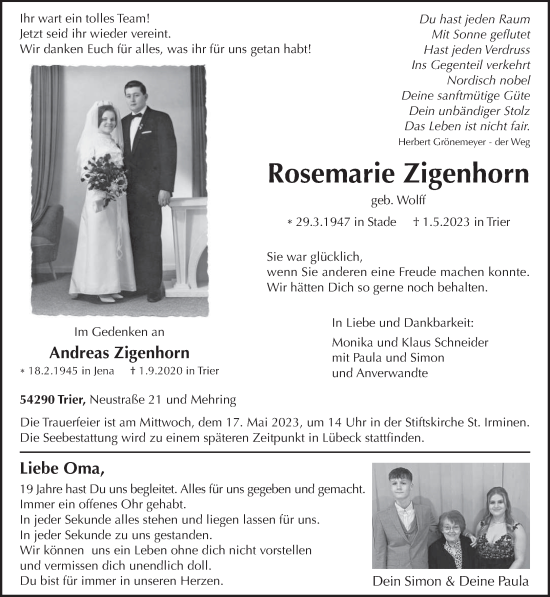 Traueranzeige von Rosemarie Zigenhorn von trierischer_volksfreund