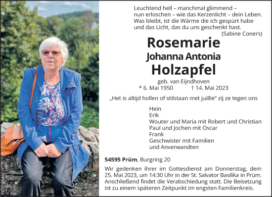 Traueranzeige von Rosemarie Johanna Antonia Holzapfel von trierischer_volksfreund