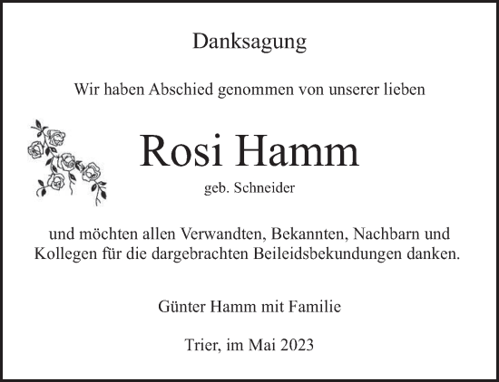 Traueranzeige von Rosi Hamm von trierischer_volksfreund