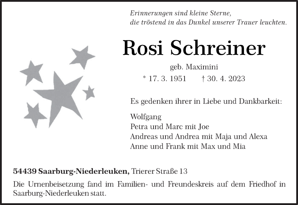 Traueranzeige für Rosi Schreiner vom 06.05.2023 aus trierischer_volksfreund