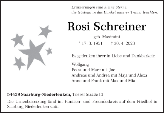 Traueranzeige von Rosi Schreiner von trierischer_volksfreund