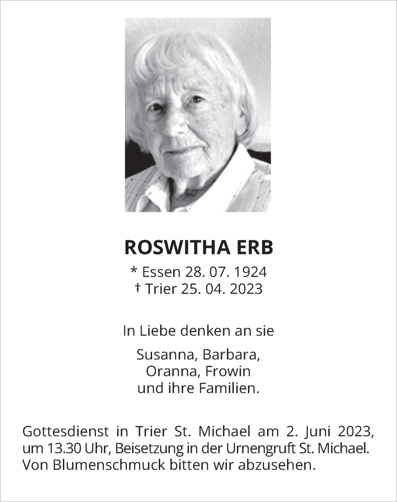  Traueranzeige für Roswitha Erb vom 20.05.2023 aus trierischer_volksfreund