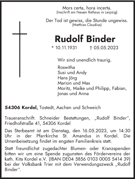Traueranzeige von Rudolf Binder von trierischer_volksfreund