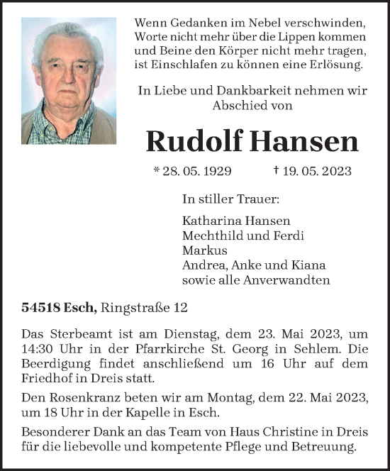 Traueranzeige von Rudolf Hansen von trierischer_volksfreund