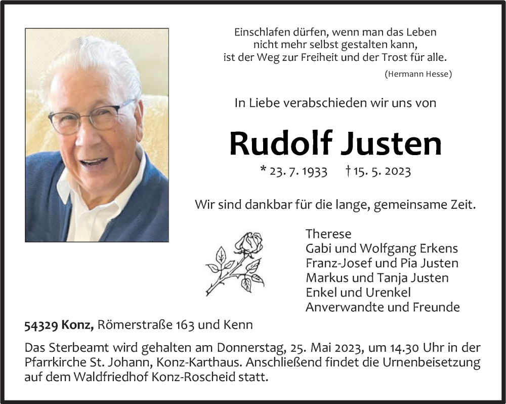  Traueranzeige für Rudolf Justen vom 20.05.2023 aus trierischer_volksfreund