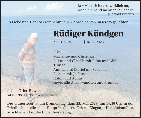 Traueranzeige von Rüdiger Kündgen von trierischer_volksfreund