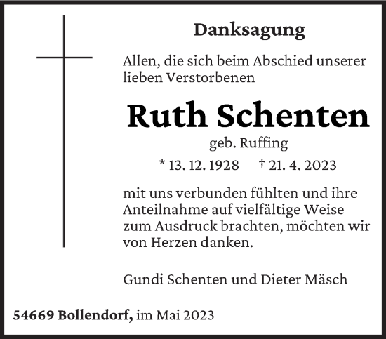 Traueranzeige von Ruth Schenten von trierischer_volksfreund