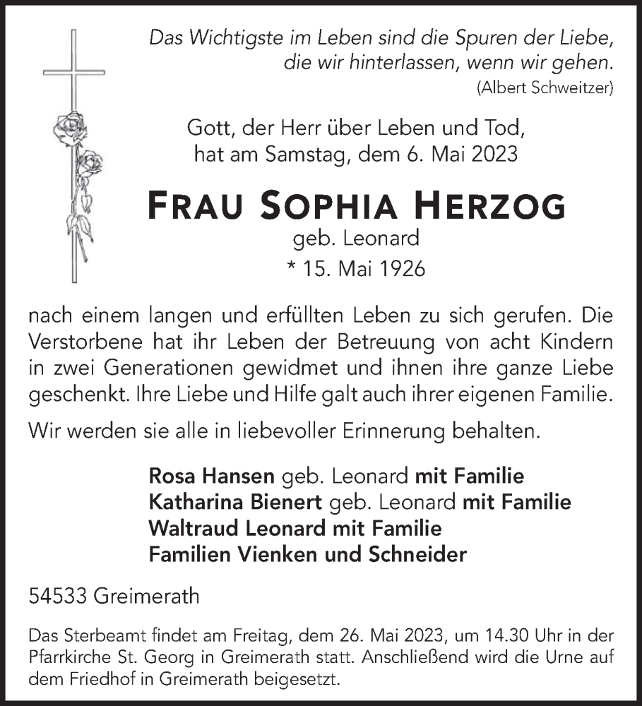  Traueranzeige für Sophia Herzog vom 20.05.2023 aus trierischer_volksfreund