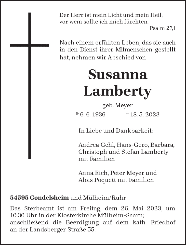  Traueranzeige für Susanna Lamberty vom 24.05.2023 aus trierischer_volksfreund