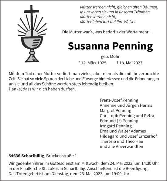 Traueranzeige von Susanna Penning von trierischer_volksfreund