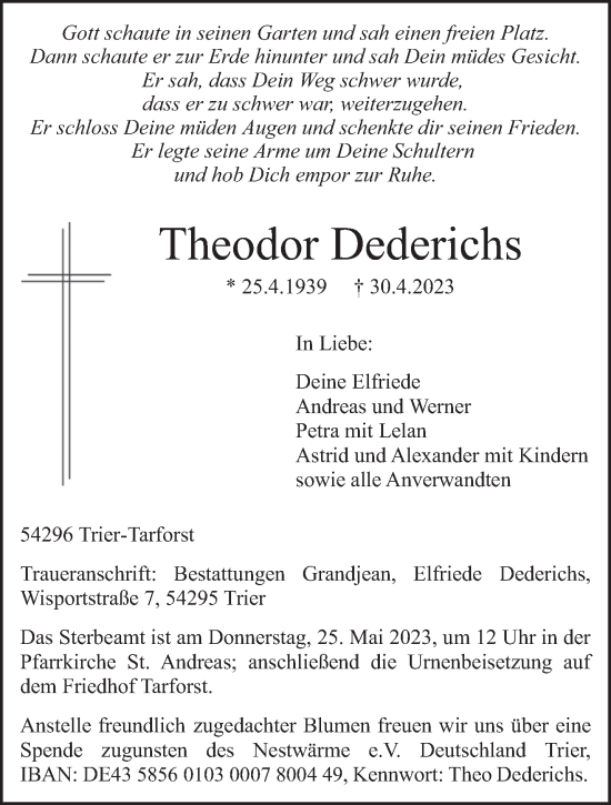 Traueranzeige von Theodor Dederichs von trierischer_volksfreund