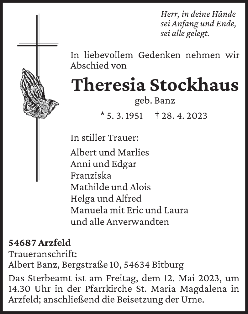  Traueranzeige für Theresia Stockhaus vom 06.05.2023 aus trierischer_volksfreund