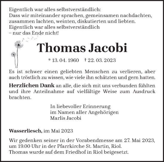 Traueranzeige von Thomas Jacobi von trierischer_volksfreund