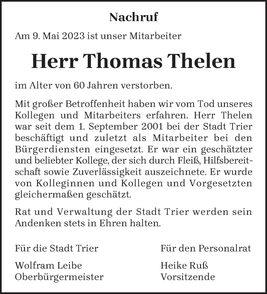  Traueranzeige für Thomas Thelen vom 16.05.2023 aus trierischer_volksfreund