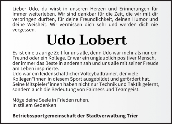 Traueranzeige von Udo Lobert von trierischer_volksfreund
