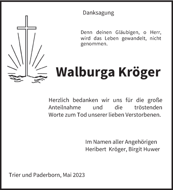 Traueranzeige von Walburga Kröger von trierischer_volksfreund
