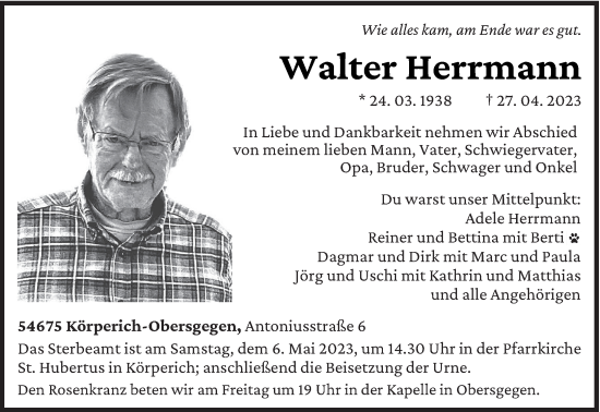 Traueranzeige von Walter Herrmann von trierischer_volksfreund