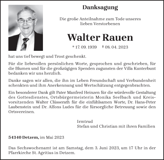 Traueranzeige von Walter Rauen von trierischer_volksfreund
