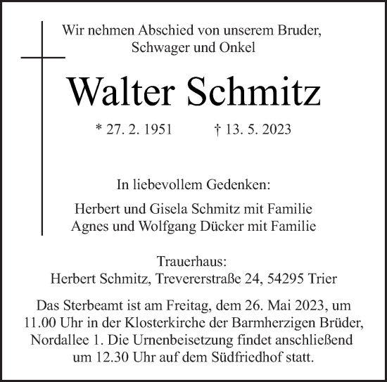 Traueranzeige von Walter Schmitz von trierischer_volksfreund