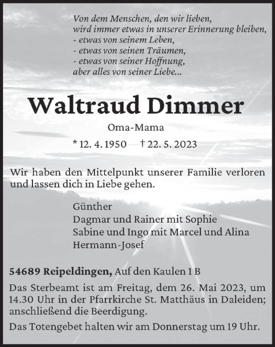Traueranzeige von Waltraud Dimmer von trierischer_volksfreund