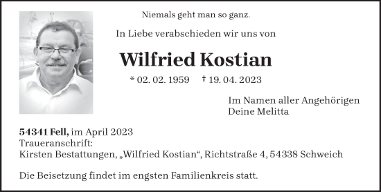 Traueranzeige von Wilfried Kostian von trierischer_volksfreund